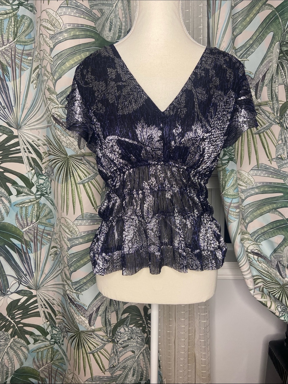 Anthropologie Navy Sparkling Chic V-Neck